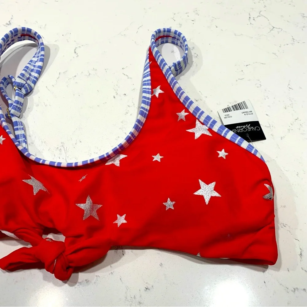 CALIFORNIA WAVES Red Stars Swim Top Large Patriotic Padded